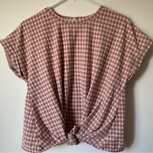 Lou & Gray for Loft Cuffed Short Sleeve Front Tie Pink & White Checkered Top